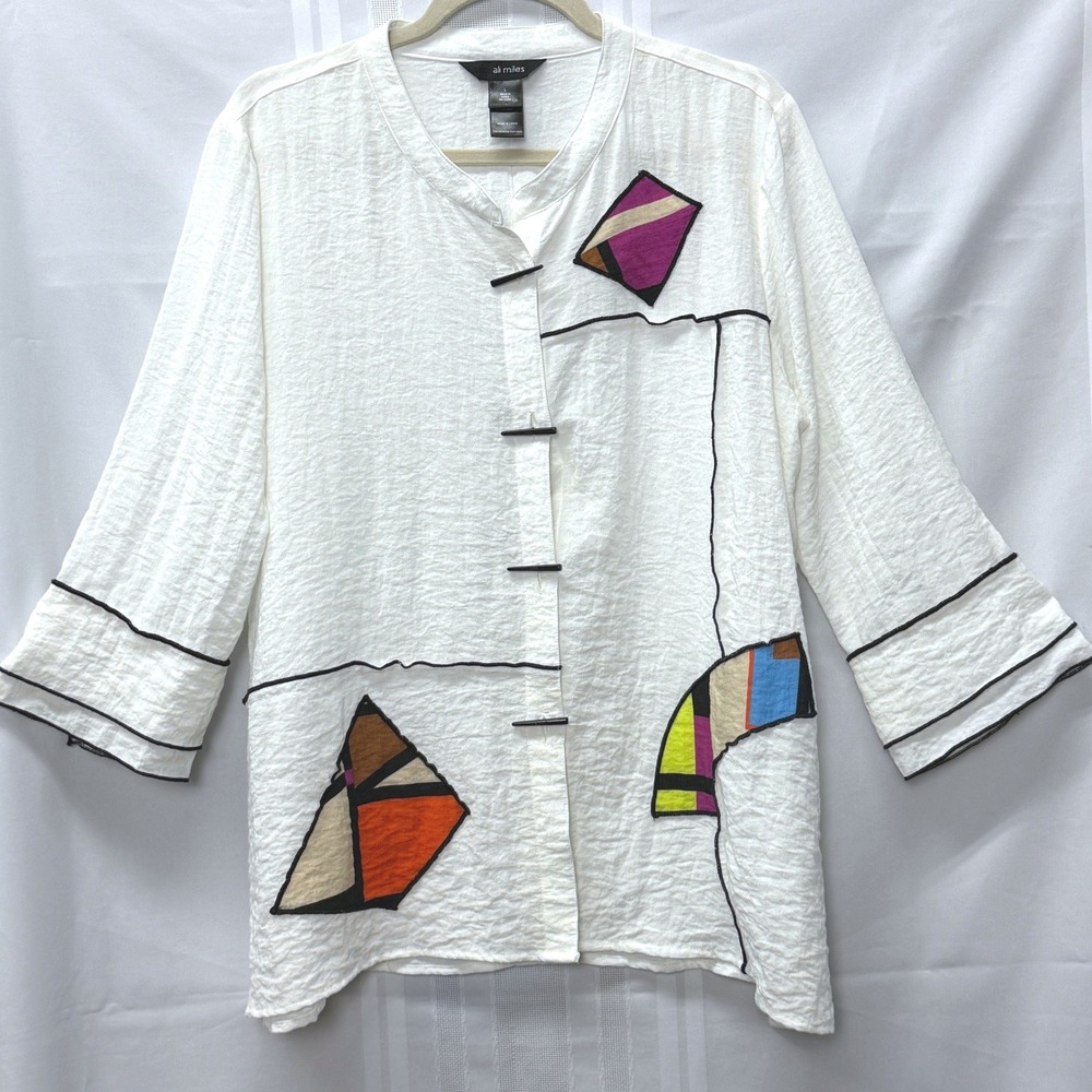 Ali Miles Women L White Art to Wear Toggle 3/4 Sleeve Blouse Patchwork Abstract